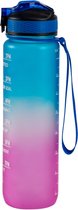 Bol.com Motivatie Waterfles - Blauw/Roze - 1 Liter Drinkfles - Waterfles met Rietje - Waterfles met tijdmarkering - BPA Vrij - V... aanbieding