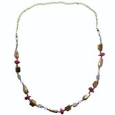 Behave Lange ketting goud kleur met paarse en houten kralen 90 cm