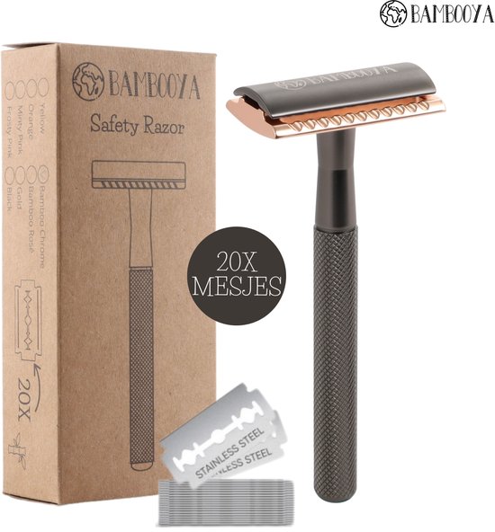 Bambooya Safety Razor + 20 scheermesjes Black Gold voor Vrouwen Mannen Double Edge Single Blade Zero Waste Scheren Duurzaam Scheermesje