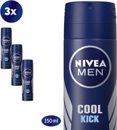 Bol.com NIVEA MEN Cool Kick Deodorant Spray - Anti-Transpirant - Deo - 3 x 150 ml - Voordeelverpakking aanbieding