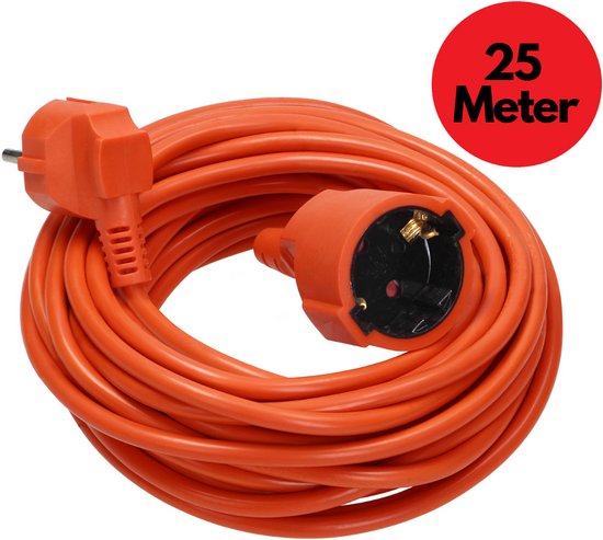 Verlengsnoer 25 meter – Verlengkabel buiten voor max. 3680 Watt – Verlengsnoer buiten IP20 – 3 x 1,5 mm² - Oranje