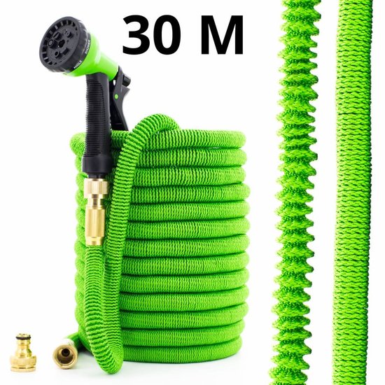 Flexibele Tuinslang Groen - XXL Magic Hose Xtreme Elastische Tuinslang - 10 naar 30 meter - Extreem Duurzaam - Model 2024 - Sproeikop met 8 standen - Goriflex